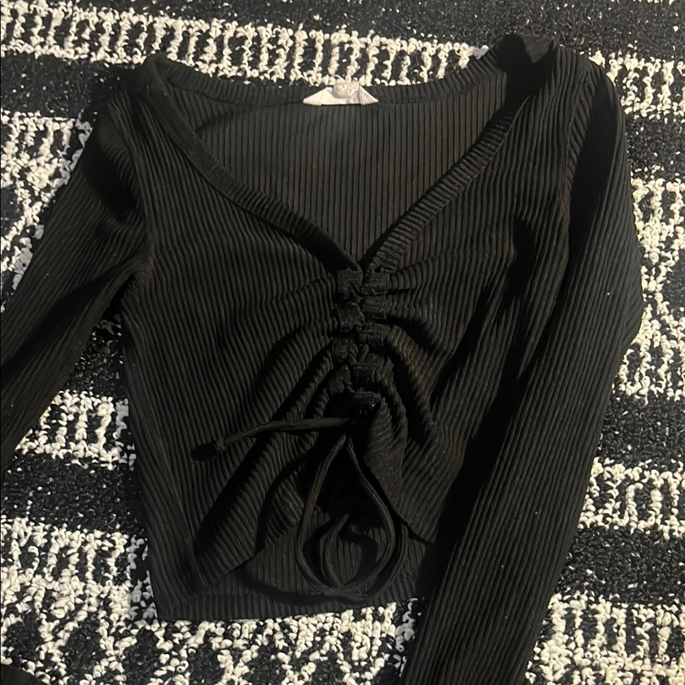 Black Ruched V-Neck Women's Top